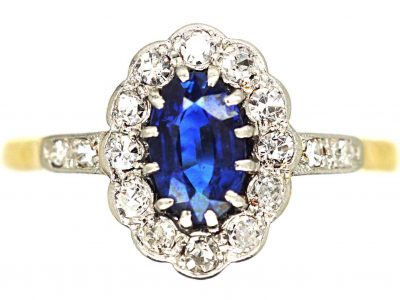 Edwardian 18ct Gold & Platinum, Sapphire & Diamond Cluster Ring with Diamond Set Shoulders