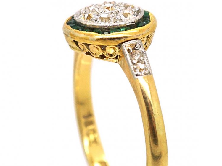 Art Deco 18ct Gold & Platinum, Emerald & Diamond Target Ring