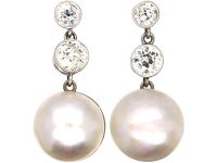 Art Deco 18ct White Gold Mabe Pearl & Diamond Drop Earrings