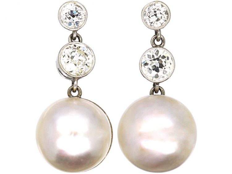 Art Deco 18ct White Gold Mabe Pearl & Diamond Drop Earrings