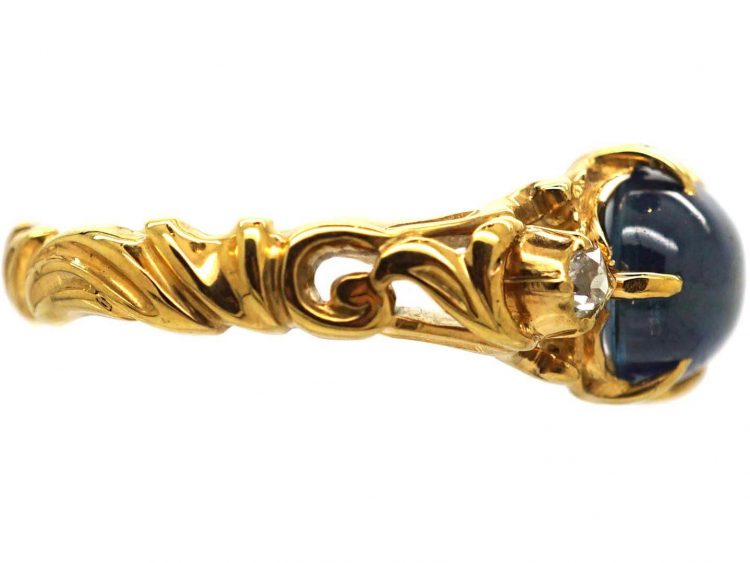 19th Century 18ct Gold, Cabochon Sapphire & Diamond Holbeinesque Style Ring
