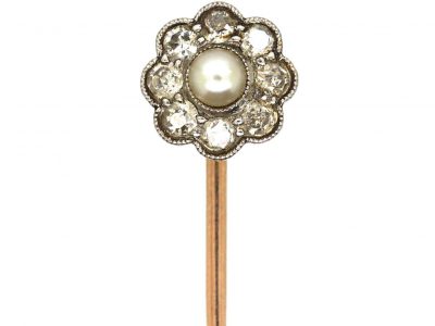 Edwardian 15ct Gold, Diamond & Natural Split Pearl Tie Pin