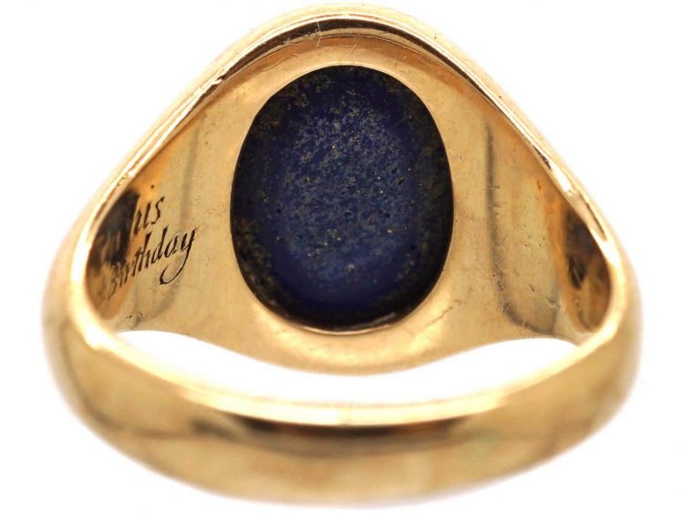 9ct Gold & Lapis Lazuli Signet Ring with Intaglio of a Cow & Crosses