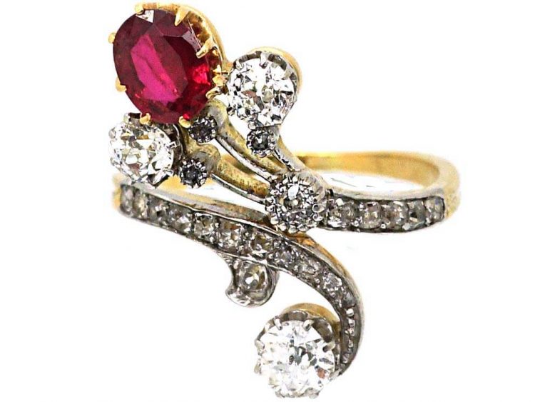 Art Nouveau 18ct Gold & Platinum, Diamond & Ruby Crossover Ring
