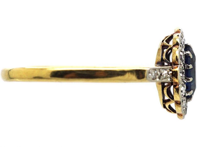 Edwardian 18ct Gold & Platinum, Sapphire & Diamond Cluster Ring with Diamond Set Shoulders