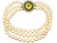 Three Row Cultured Pearl Bracelet with a Victorian Natural Split Pearl, Green Enamel & Topaz Clasp