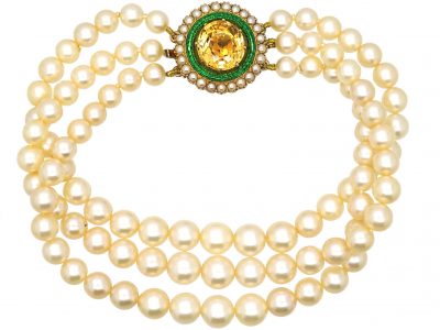 Three Row Cultured Pearl Bracelet with a Victorian Natural Split Pearl, Green Enamel & Topaz Clasp