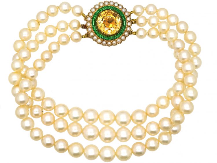 Three Row Cultured Pearl Bracelet with a Victorian Natural Split Pearl, Green Enamel & Topaz Clasp