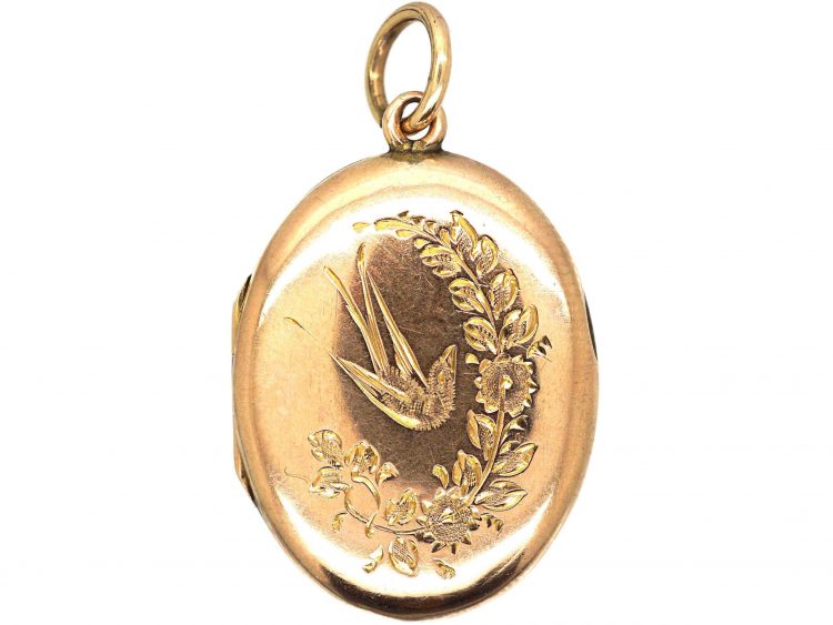 Edwardian 9ct Back & Front Oval Locket with Engraved Swallow Detail