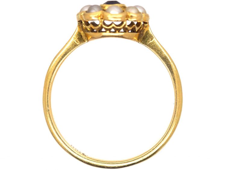 Edwardian 18ct Gold, Sapphire & Natural Split Pearl Cluster Ring