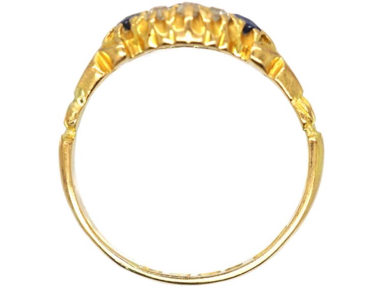Edwardian 18ct Gold Three Stone Sapphire & Diamond Ring with Ornate Shoulders