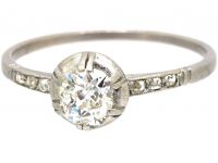 French Art Deco Platinum & Diamond Solitaire with Rose Diamond Shoulders
