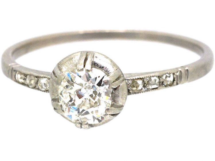 French Art Deco Platinum & Diamond Solitaire with Rose Diamond Shoulders