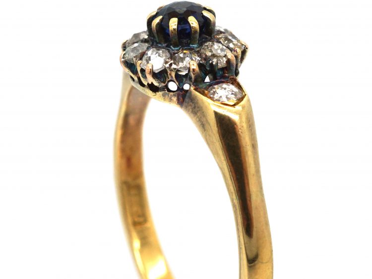 Edwardian 18ct Gold, Sapphire & Diamond Cluster Ring with Diamond set Shoulders