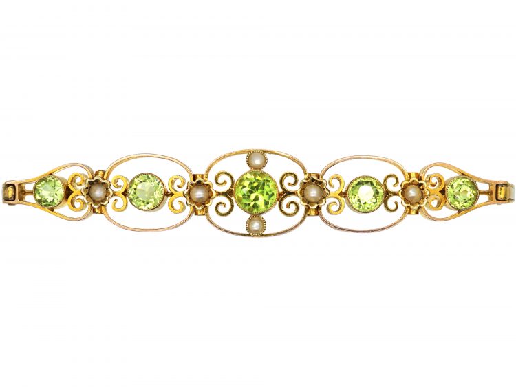 Edwardian 9ct Gold, Peridot & Natural Split Pearl Bracelet