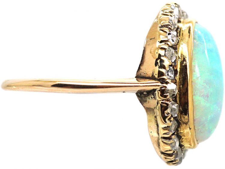 Edwardian 18ct Gold, Opal & Rose Diamond Oval Cluster Ring