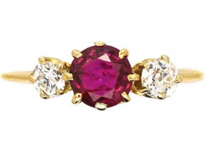 Edwardian 18ct Gold, Ruby & Diamond Three Stone Ring
