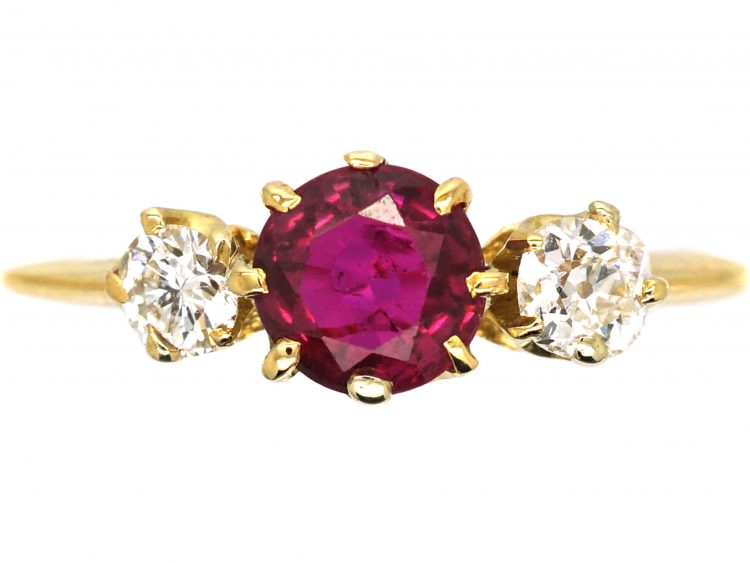 Edwardian 18ct Gold, Ruby & Diamond Three Stone Ring