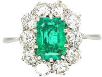 Mid-Century 18ct White Gold, Emerald & Diamond Cluster Ring