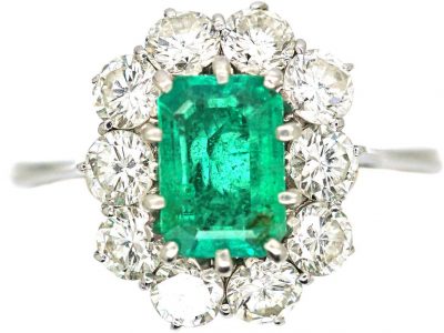 Mid-Century 18ct White Gold, Emerald & Diamond Cluster Ring