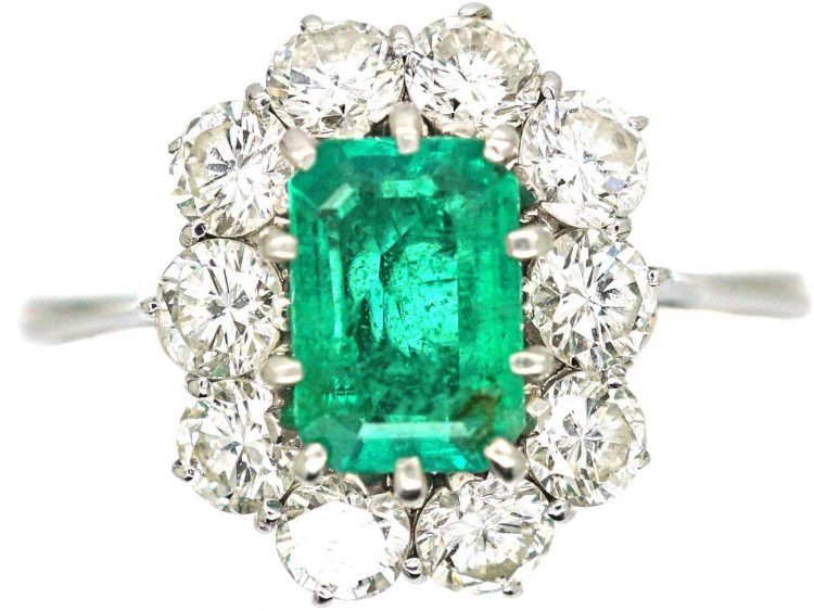 Mid-Century 18ct White Gold, Emerald & Diamond Cluster Ring
