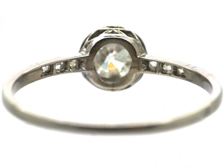 French Art Deco Platinum & Diamond Solitaire with Rose Diamond Shoulders