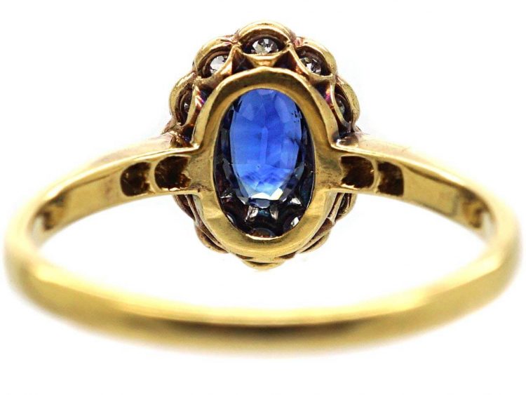 Edwardian 18ct Gold & Platinum, Sapphire & Diamond Cluster Ring with Diamond Set Shoulders
