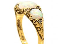 Edwardian 18ct Gold, Three Stone Opal Ring with Rose Diamond Points