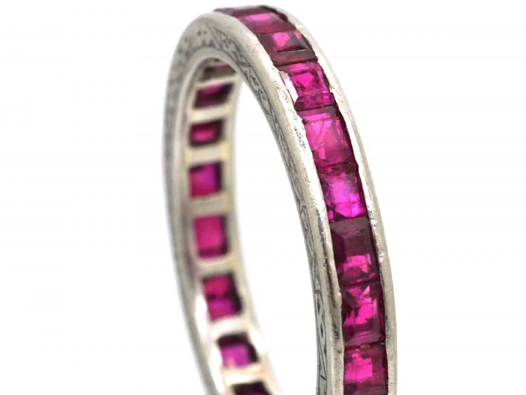 Art Deco Platinum & Ruby Eternity Ring with Engraved Sides
