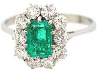 Mid-Century 18ct White Gold, Emerald & Diamond Cluster Ring