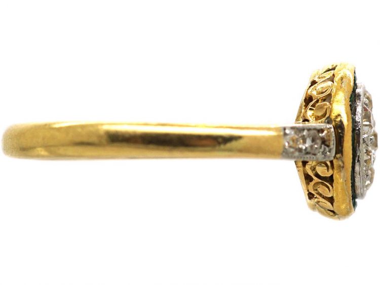 Art Deco 18ct Gold & Platinum, Emerald & Diamond Target Ring
