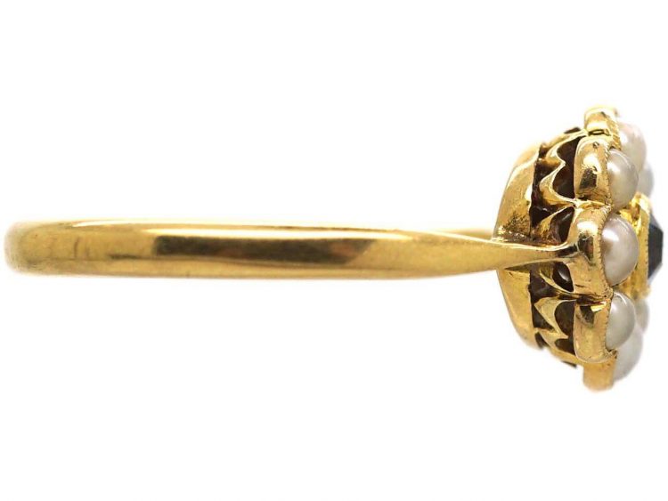 Edwardian 18ct Gold, Sapphire & Natural Split Pearl Cluster Ring
