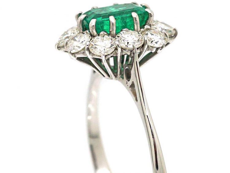 Mid-Century 18ct White Gold, Emerald & Diamond Cluster Ring