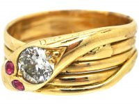 Victorian 18ct Gold Snake Ring set with a Diamond & Ruby Eyes