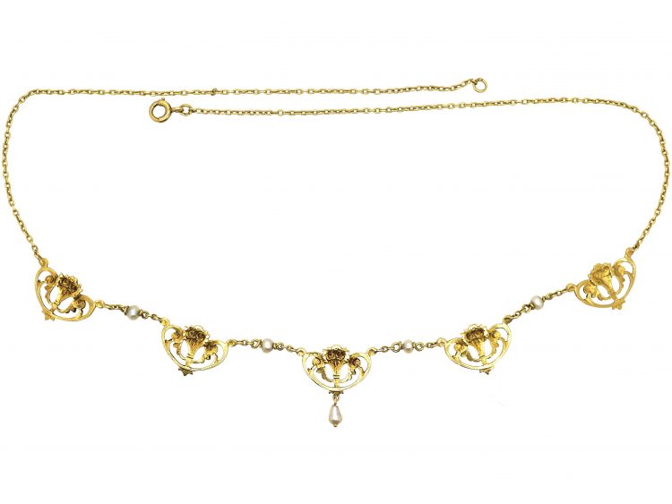 French Belle Epoque 18ct Gold Garland Necklace set with Natural Pearls