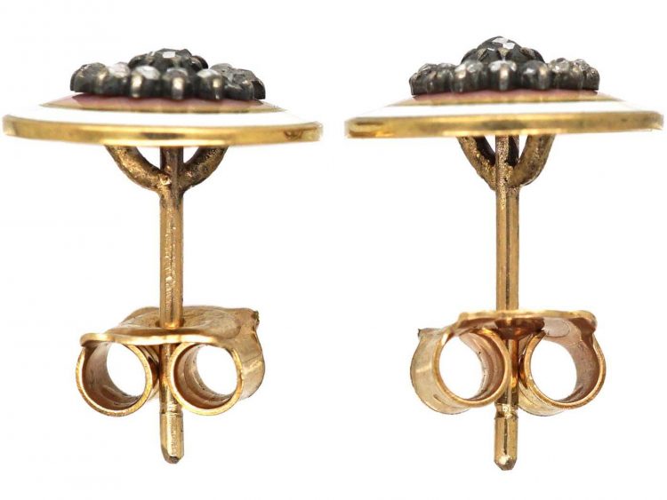 Edwardian 18ct Gold, Peach Enamel & Rose Diamond Round Earrings