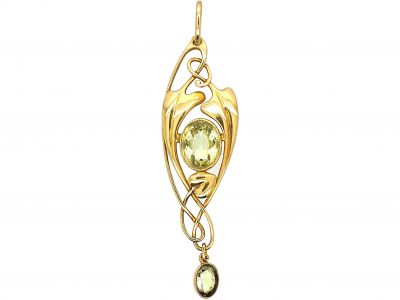 Art Nouveau 15ct Gold & Green Tourmaline Pendant by Murrle Bennett & Co