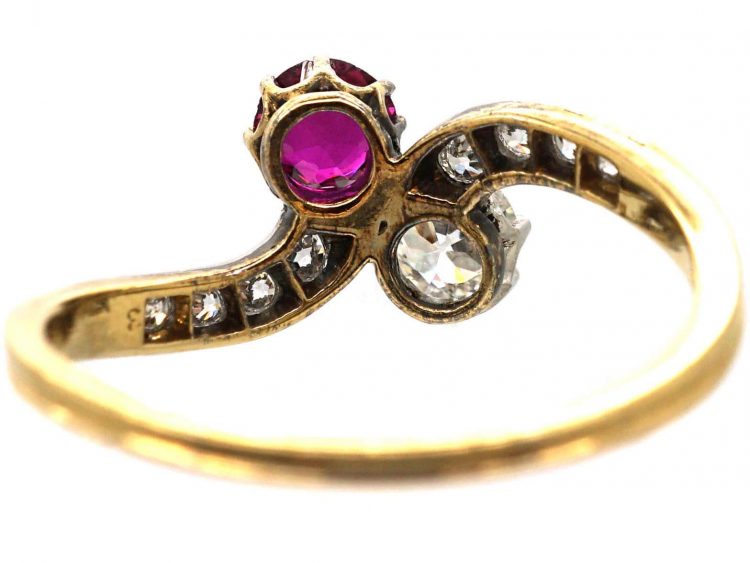 Edwardian 18ct Gold & Platinum, Diamond & Ruby Crossover Ring