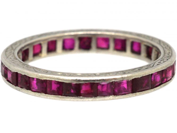 Art Deco Platinum & Ruby Eternity Ring with Engraved Sides