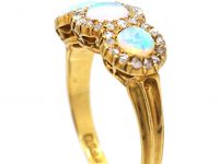 Edwardian 18ct Gold, Three Stone Opal & Rose Diamond Triple Cluster Ring
