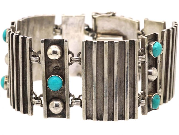 Art Deco Wide Silver & Turquoise Bracelet