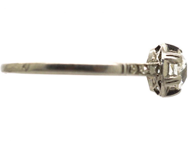 French Art Deco Platinum & Diamond Solitaire with Rose Diamond Shoulders