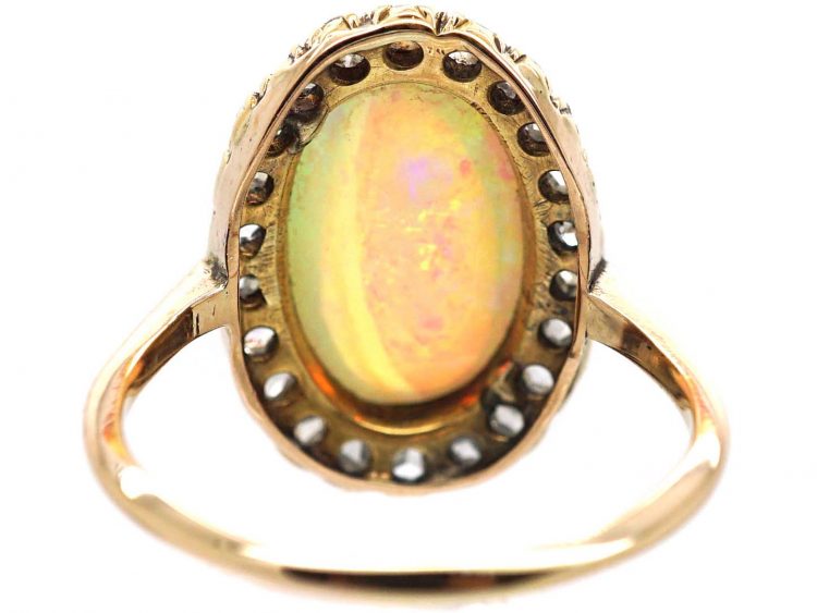 Edwardian 18ct Gold, Opal & Rose Diamond Oval Cluster Ring