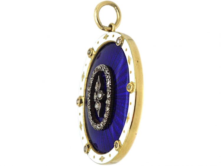 Edwardian 15ct Gold, Oval Blue & White Enamel Pendant with a Glazed Locket
