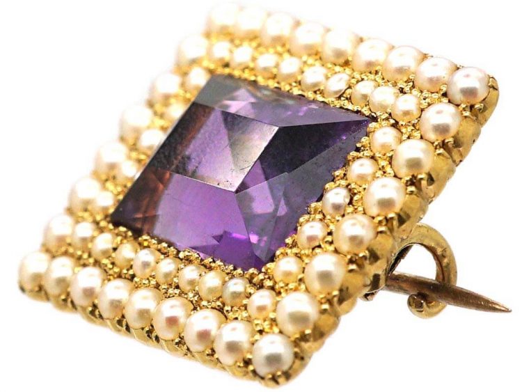 Edwardian Amethyst & Natural Split Pearl Rectangular Shaped Brooch