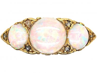 Edwardian 18ct Gold, Three Stone Opal Ring with Rose Diamond Points