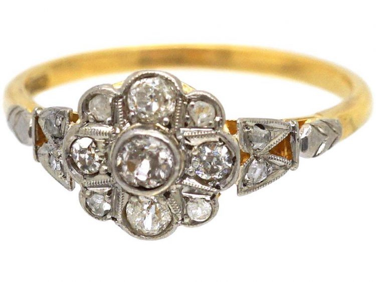 Edwardian 18ct Gold & Platinum, Diamond Cluster Ring with Rose Diamond Shoulders