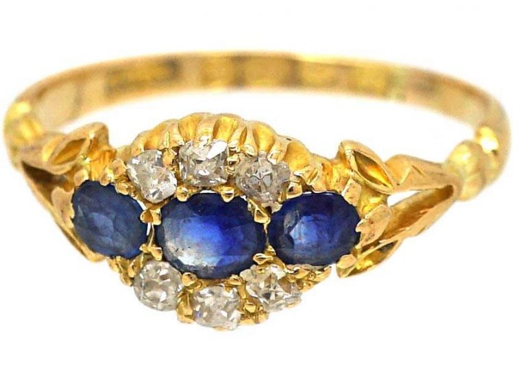 Edwardian 18ct Gold Three Stone Sapphire & Diamond Ring with Ornate Shoulders