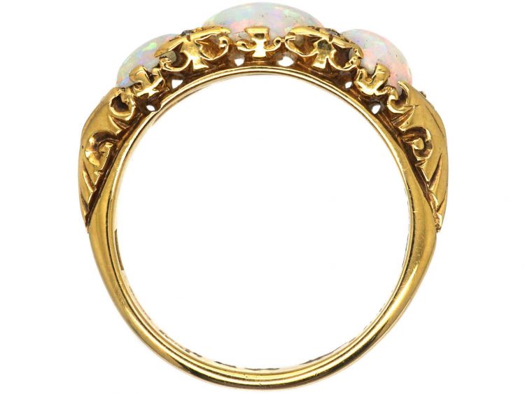Edwardian 18ct Gold, Three Stone Opal Ring with Rose Diamond Points