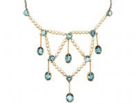 Edwardian Platinum & 15ct Gold Necklace set with Aquamarines & Natural Pearls